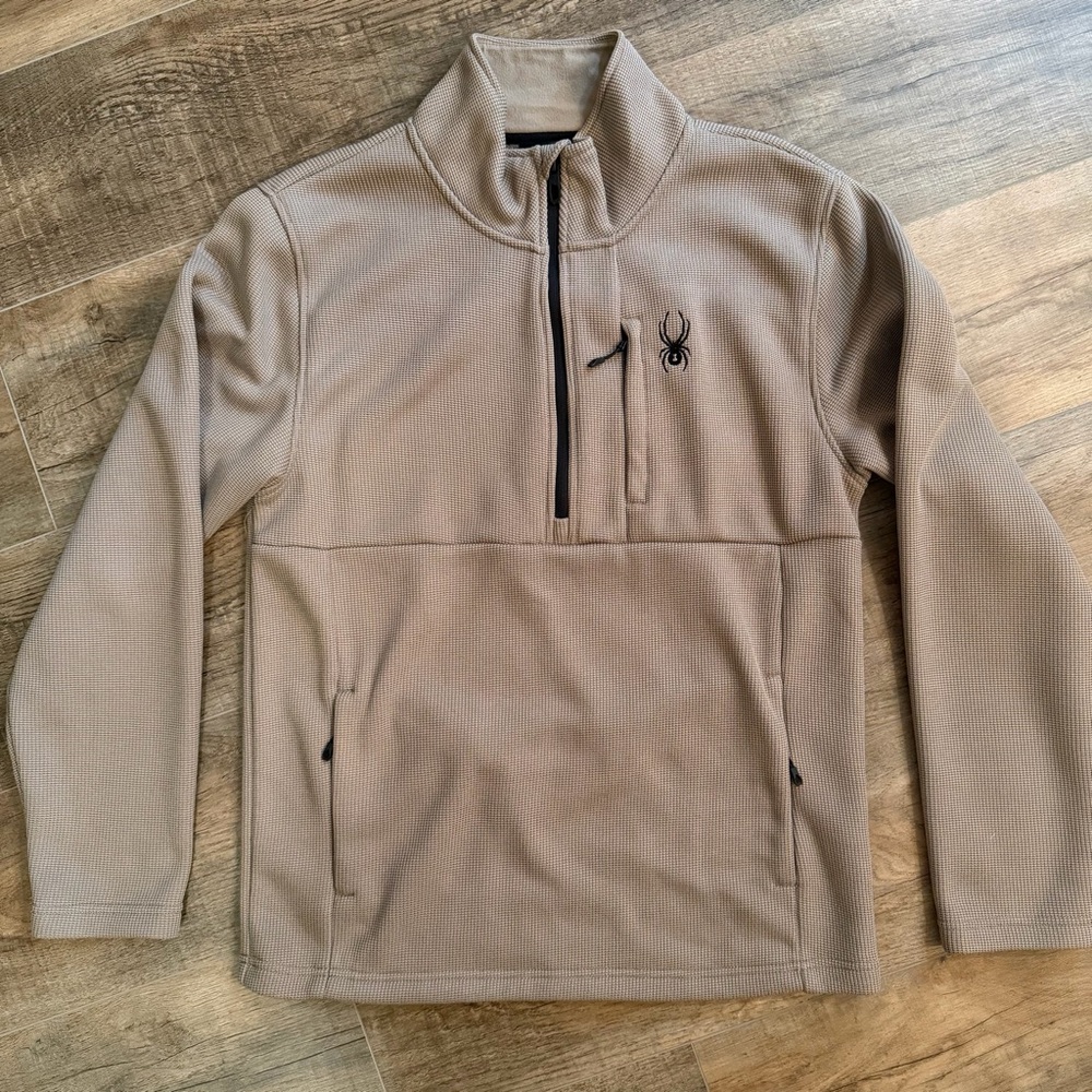 Spyder Men's M Tan Performance Jacket Quarter Zip Outdoor Fleece Lined Pockets